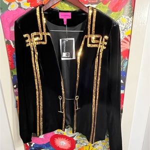 Black Velvet Evening Jacket with Gold Sequin Trim and gold chain button closure